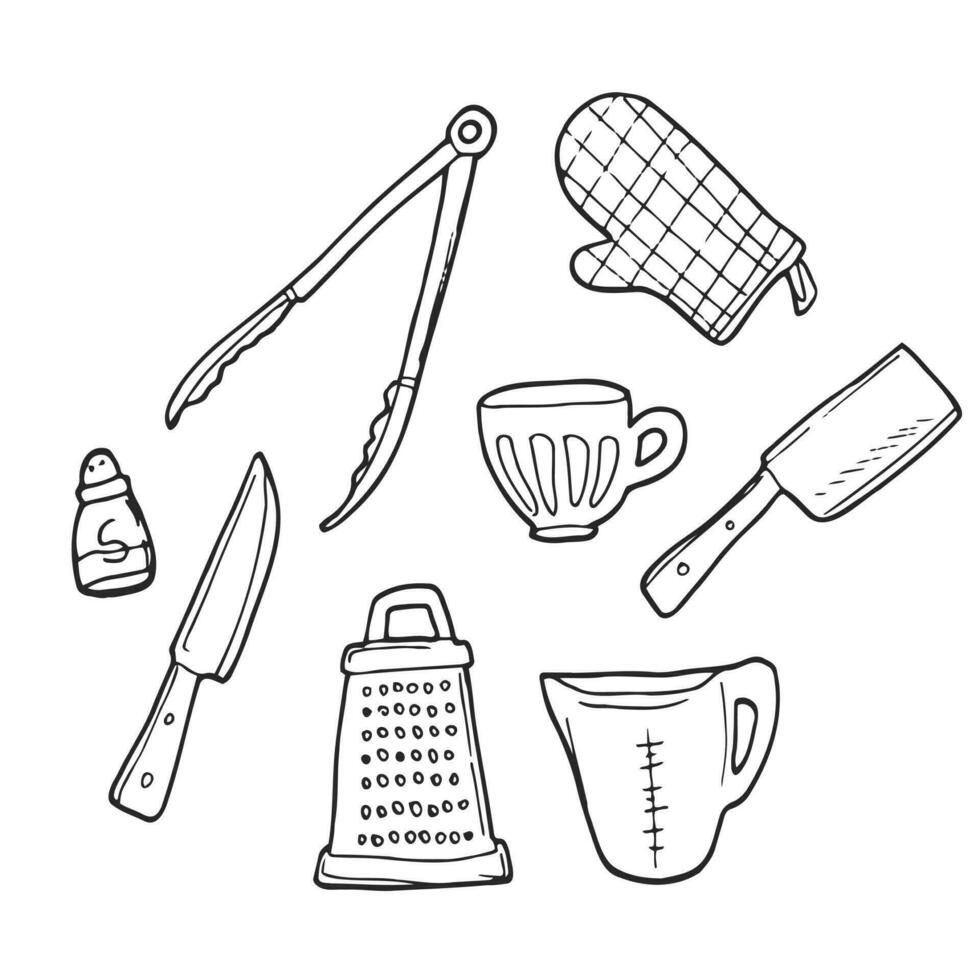 conjunto de cocina utensilio garabatear en vector