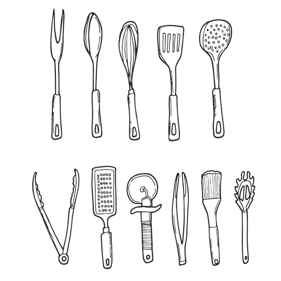 Big set of Doodle vector icon of kitchenware, spoon, knife, fork