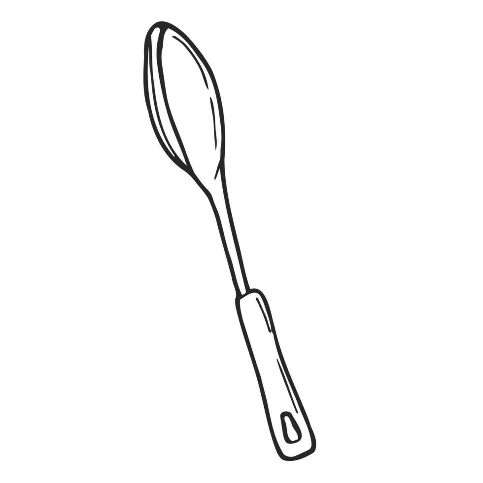 Kitchen soup ladle or scoop spoon cooking device, doodle style hand drawn vector illustration isolated on white background. Food cooking utensils and kitchenware item.