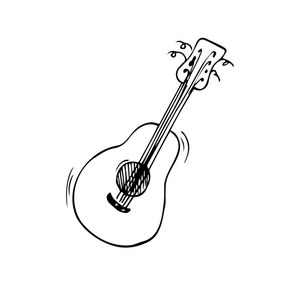 Vector illustration. Hand drawn doodle of classical guitar. String plucked musical instrument. Small acoustic guitar or ukulele. Blues or rock equipment. Cartoon sketch. Isolated on white background