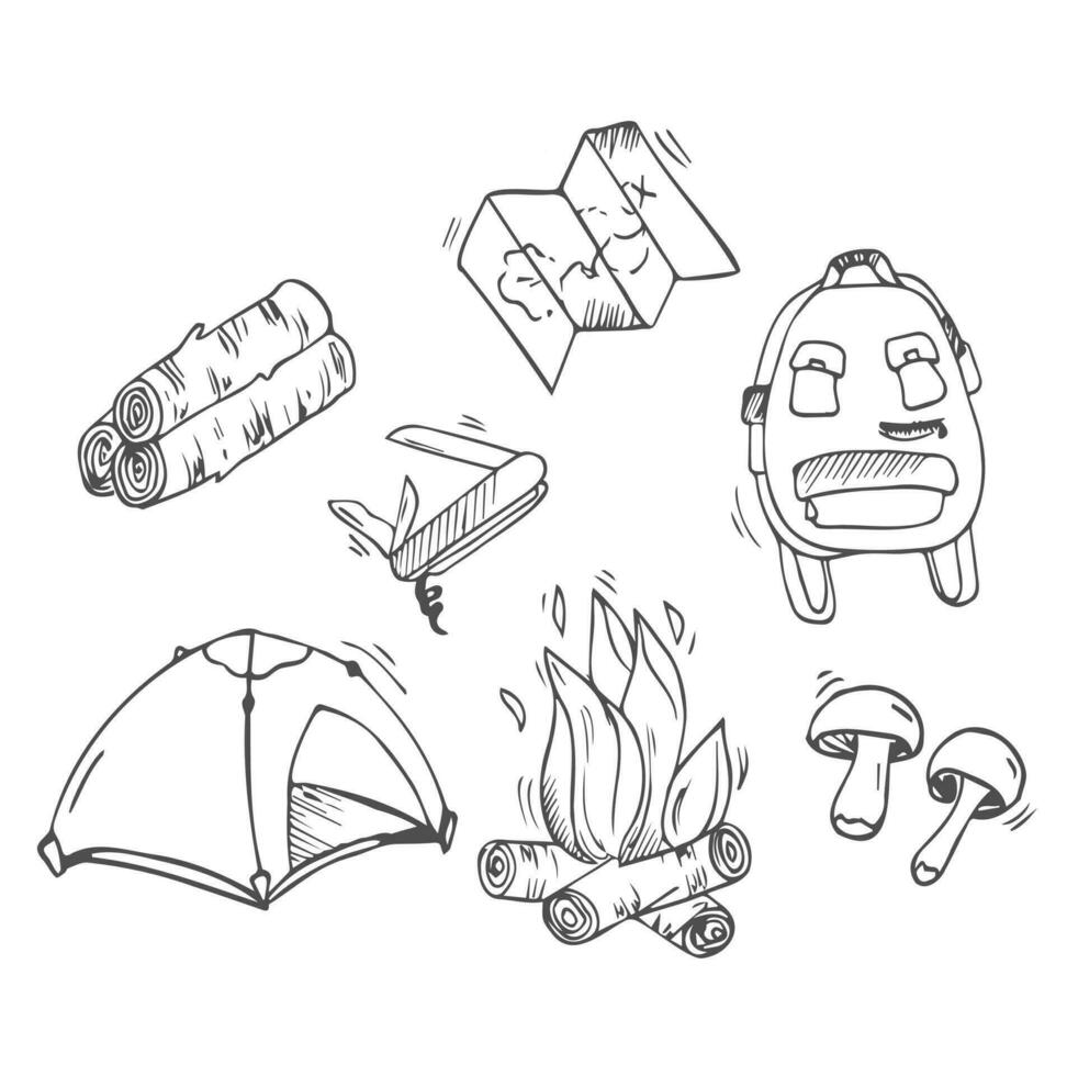 Set of doodle forest camping design elements. Hand drawn vector illustrations isolated on a white background.