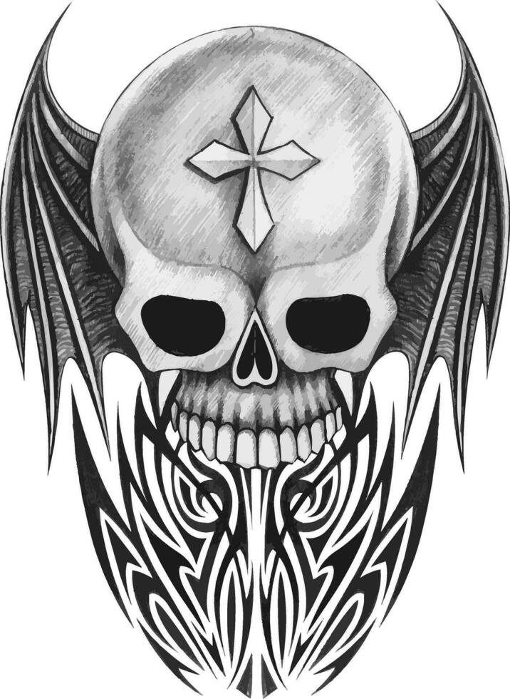 Wing devil skull tattoo hand drawing and make graphic vector. vector