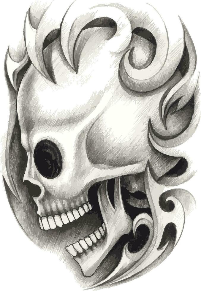 Surreal skull tattoo hand drawing and make graphic vector. vector