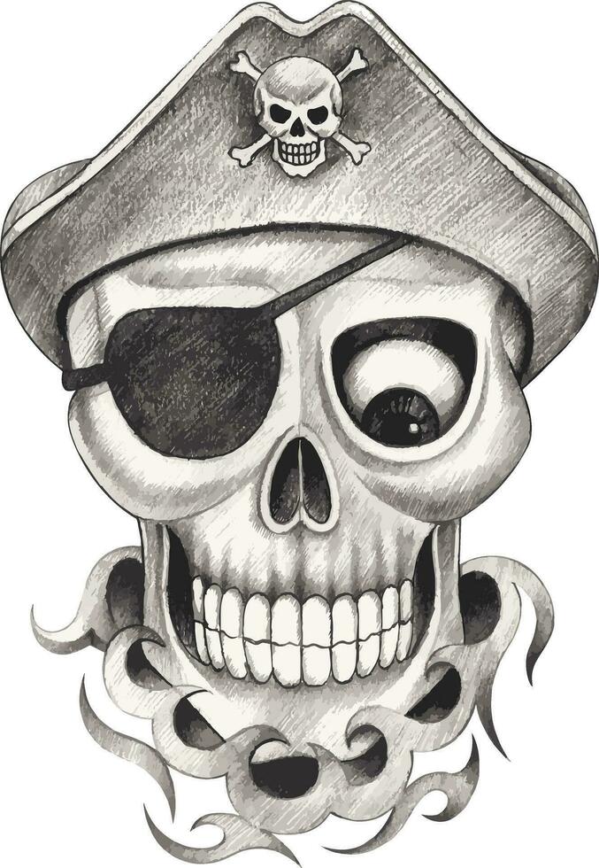 Pirate skull tattoo hand drawing and make graphic vector. vector