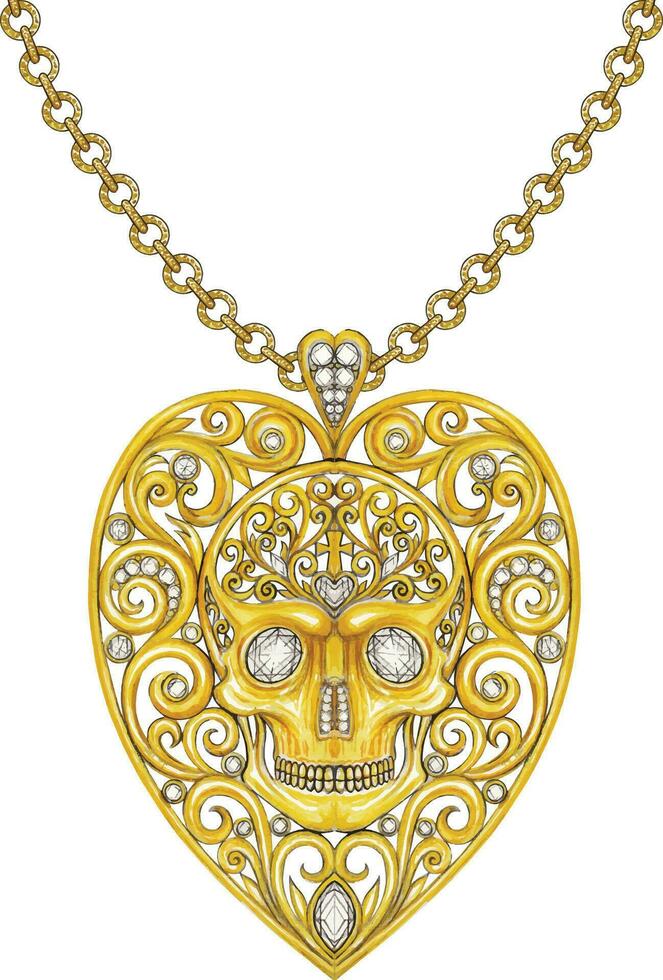 Jewelry design art vintage mix heart and skull gold pendant hand drawing and painting make graphic vector. vector