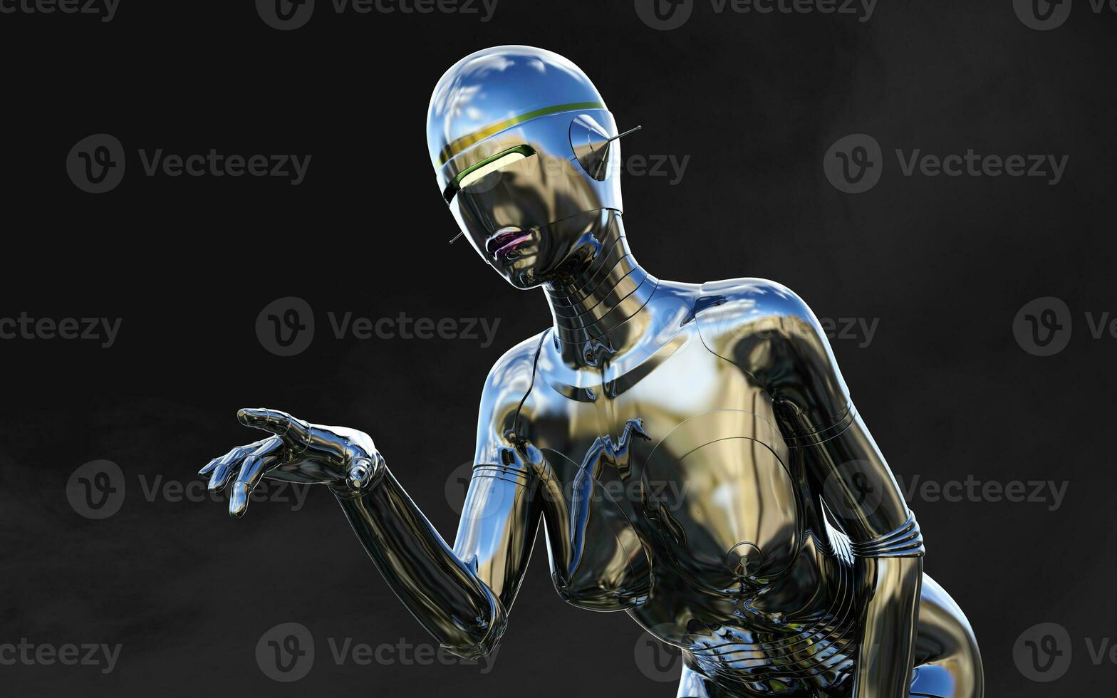 3d illustration of A woman AI cyborg pose on black background with clipping path. AI project. photo