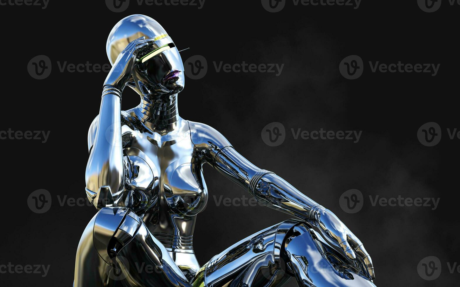 3d illustration of A woman AI cyborg pose on black background with clipping path. AI project. photo