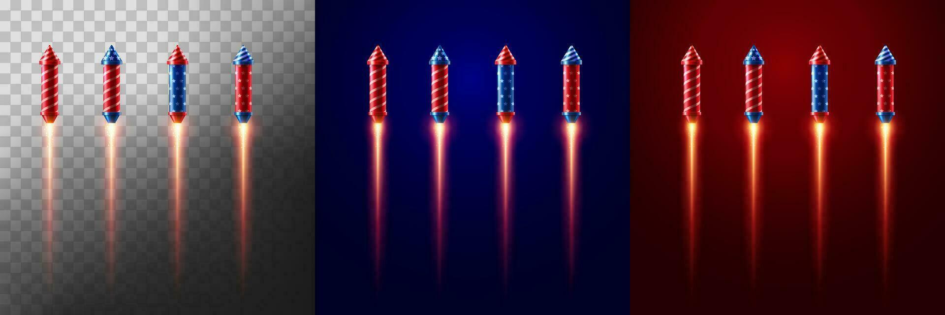 Firework rockets with light explosive effect on transparent,Blue and red background. Vector illustration eps 10