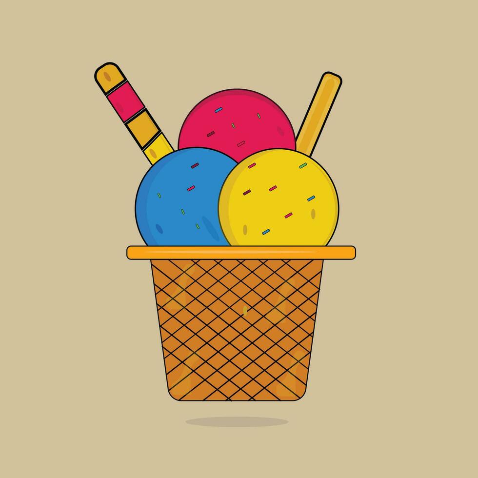 Beautiful bucket of ice cream scoops with waffle vector