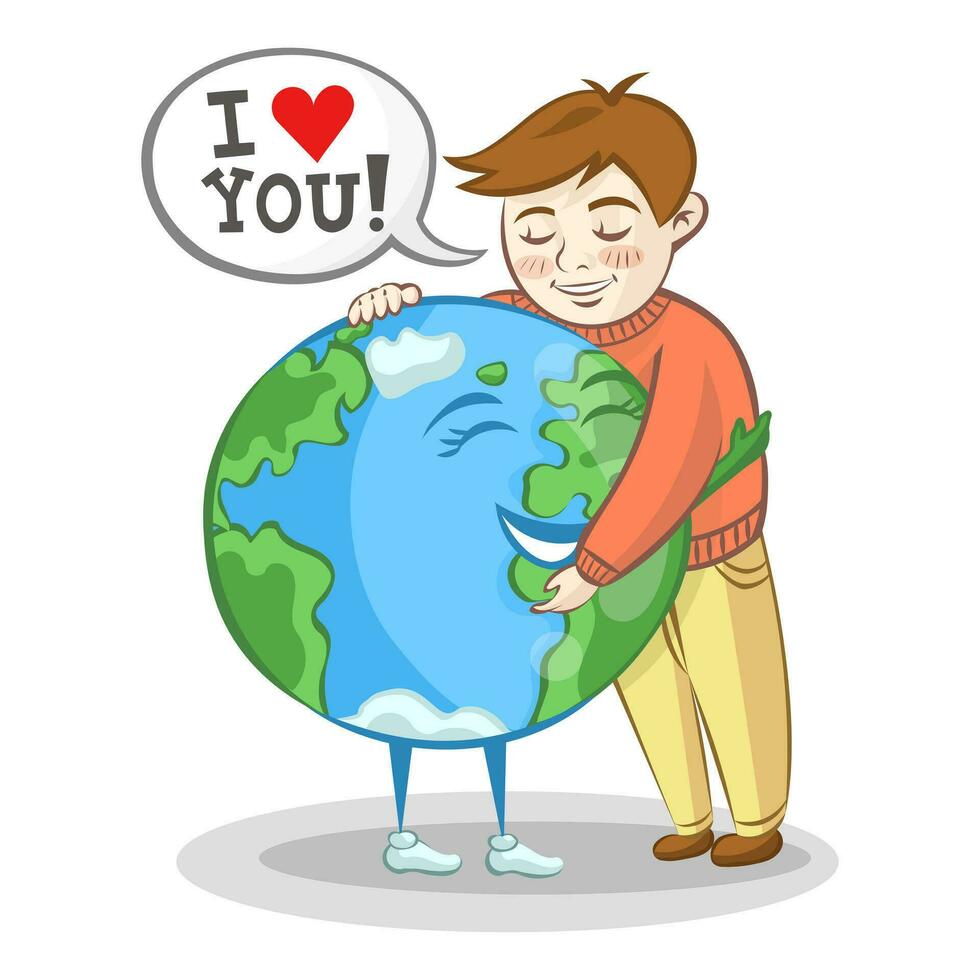 Boy hugs planet Earth and confesses his love to it. Earth Day 22 April vector illustration with white background. Ecology and save the Planet concept