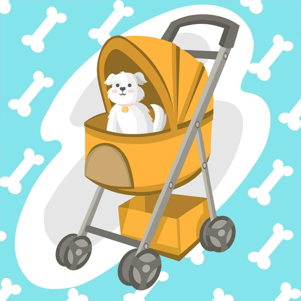 White fluffy little puppy of bichon frise with collar in yellow stroller for dogs with blue background with bones pattern - vector illustration