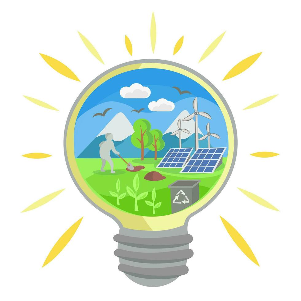 Environmental landscape with various ecological activities, recycling and alterative energy objects in lightbulb. Earth Day 22 April vector illustration on white. Ecology and save the Planet concept