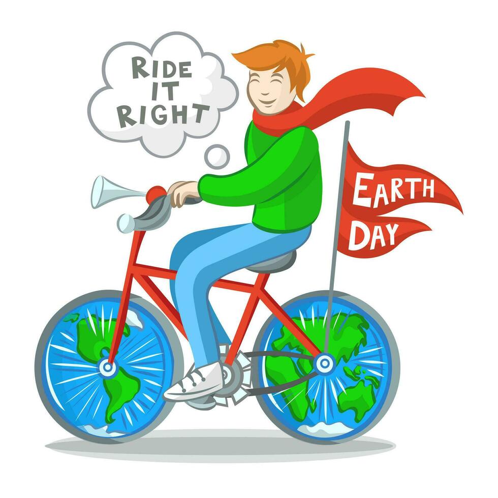 Man on a bicycle with hemispheres of the Earth instead of wheels. Earth Day 22 April vector illustration with white background. Ecology and save the Planet concept