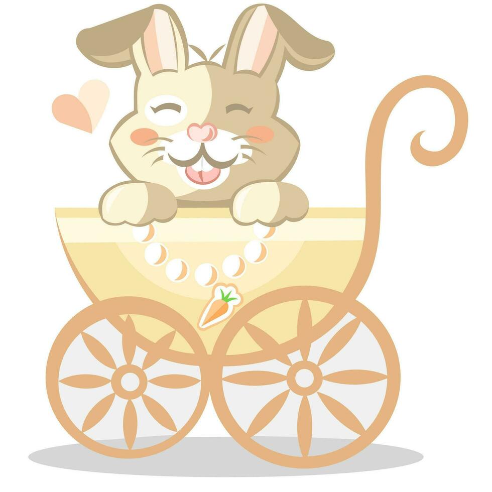 Sweet baby rabbit in yellow kid stroller with tiny carrot pendant. Colored vector illustration