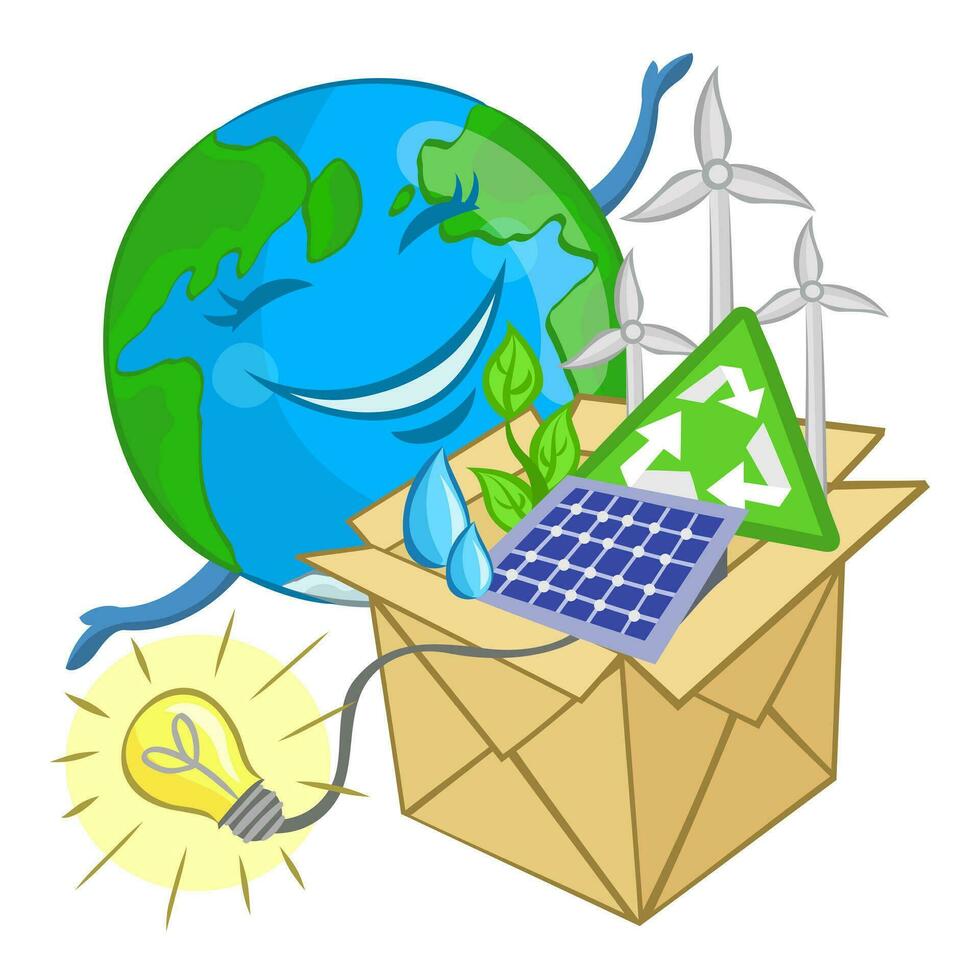 Planet Earth is opening cardboard box with different ECO-objects. Earth Day 22 April vector illustration with white background. Ecology and save the Planet concept