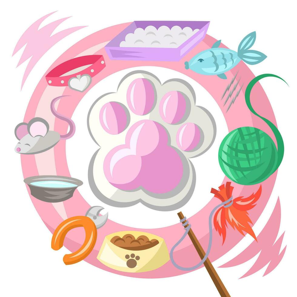 Cat paw print with various cat themed pet objects - collar, mouse, water bowl, nail cutter, food bowl, stick with feathers, wool ball, fish, kitten toilet - inside pink circle - vector illustration