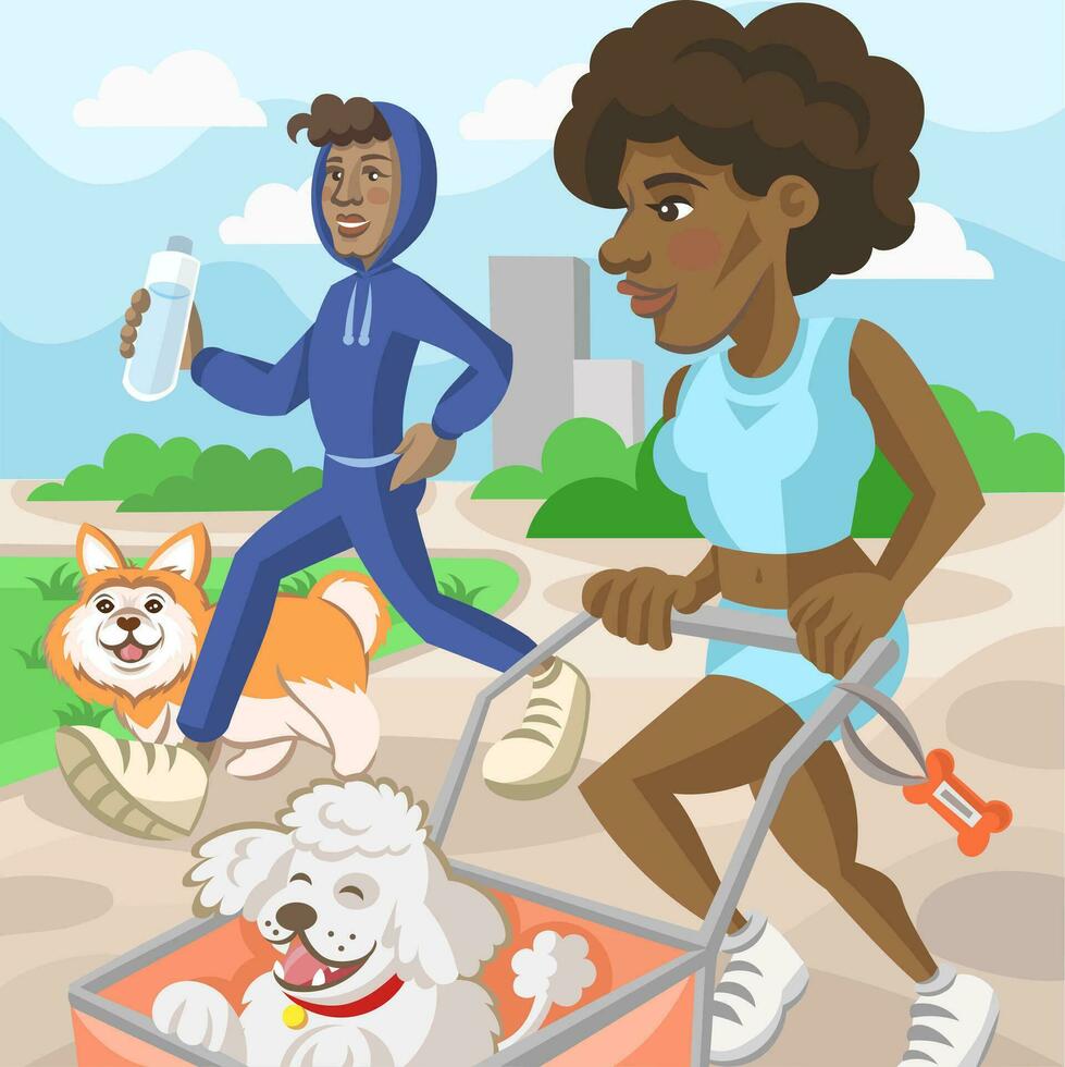 Dark skin urban couple during jogging in the city park with dogs corgi and white poodle in stroller - vector illustration