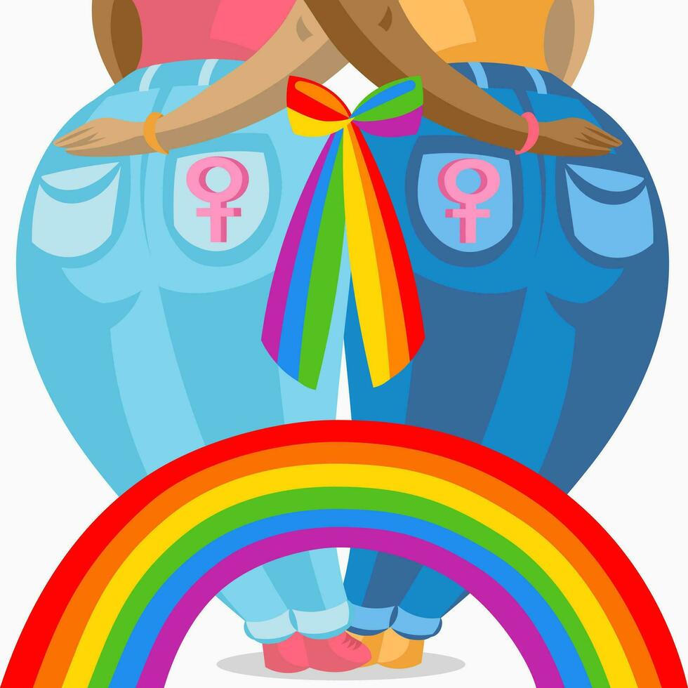 Two dark skin lesbian women in jeans holding each other, connected with colourful bow and rainbow - vector illustration. LGBT pride Gay and Lesbian concept