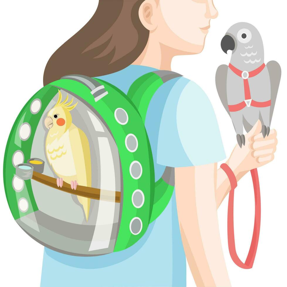 Girl with parrots in bird backpack and harness with leash during outdoor walk - vector illustration