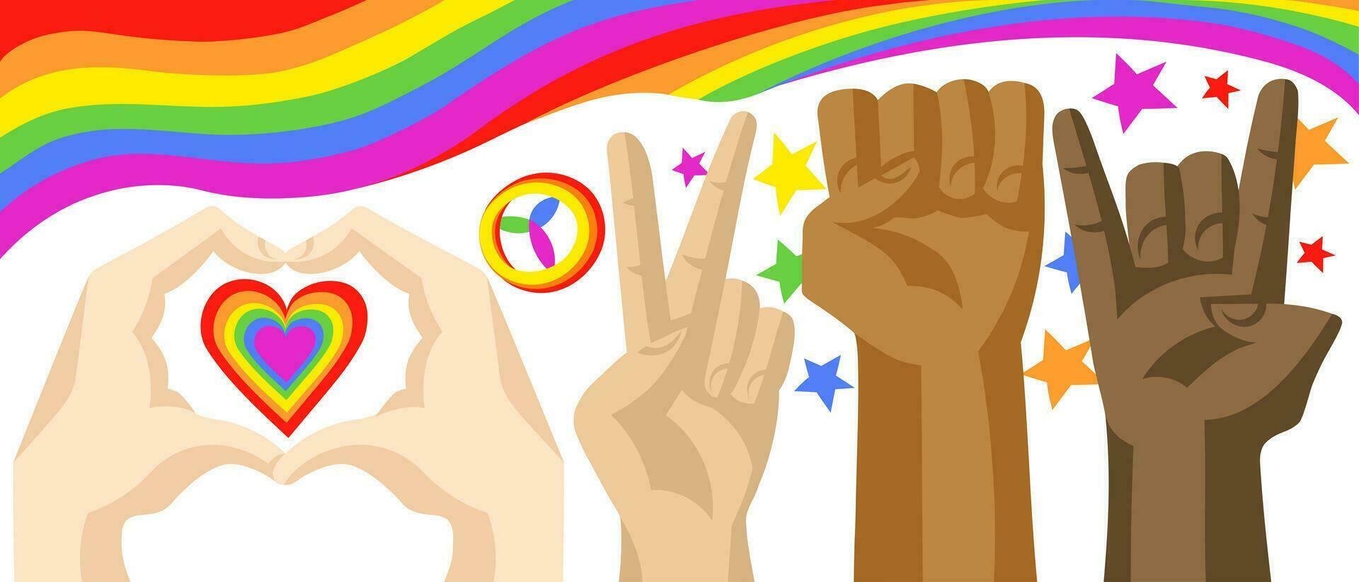 Various skin colors hands in different poses with LGBT rainbow flag and colorful symbols on the background. LGBT pride Gay and Lesbian concept vector