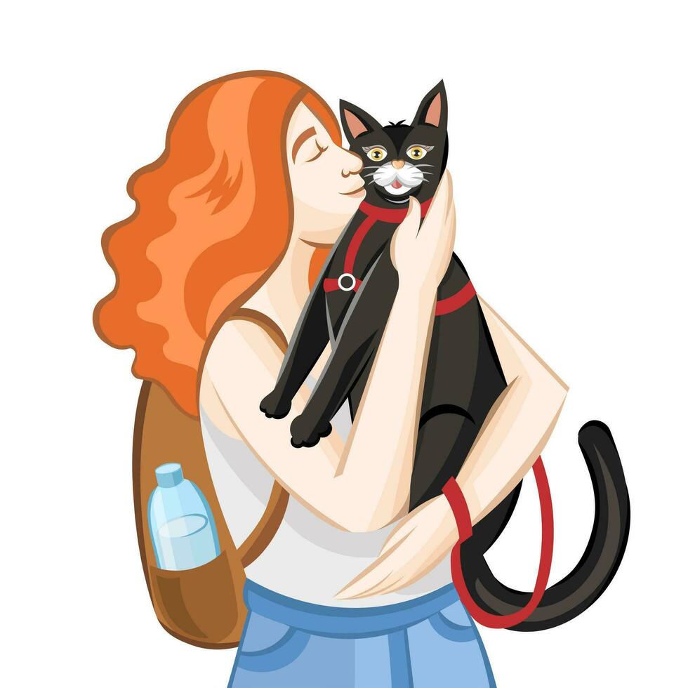 Ginger girl with brown backpack petting black cat in red pet leash during outside walking on white background - vector illustration