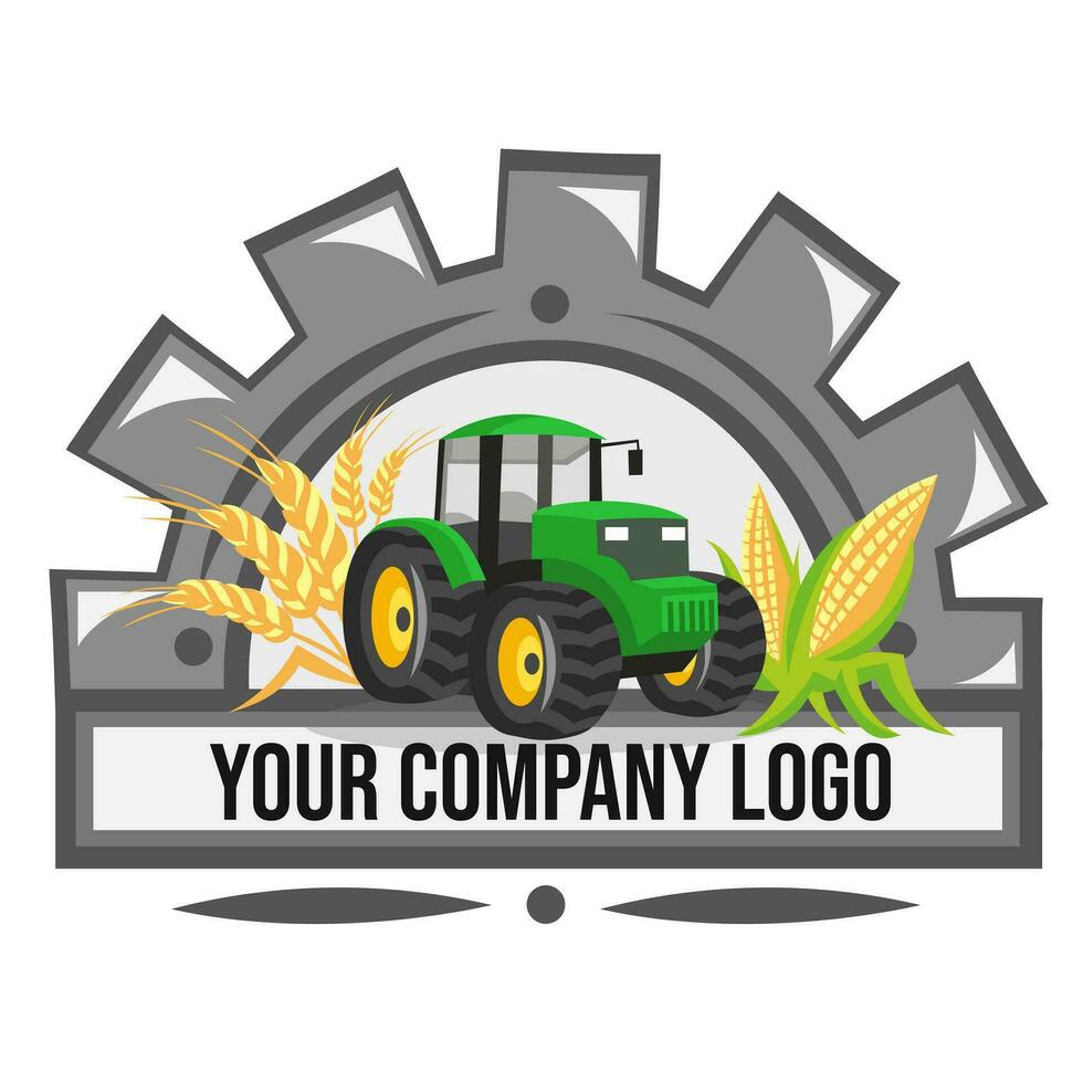 Logo for agriculture company. Green tractor with wheat and corn inside half of cogwheel - vector image. Agriculture and rural concept