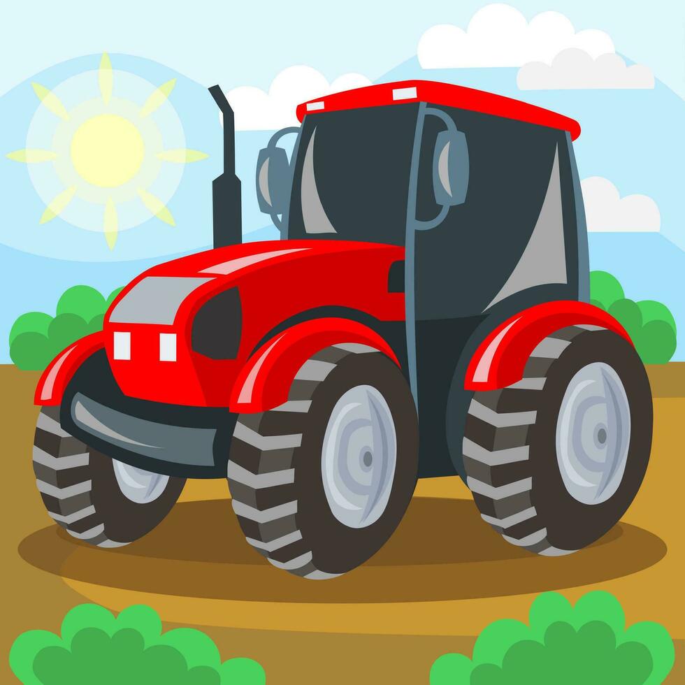 Red tractor on field during cultivation work - vector image. Agriculture and rural concept