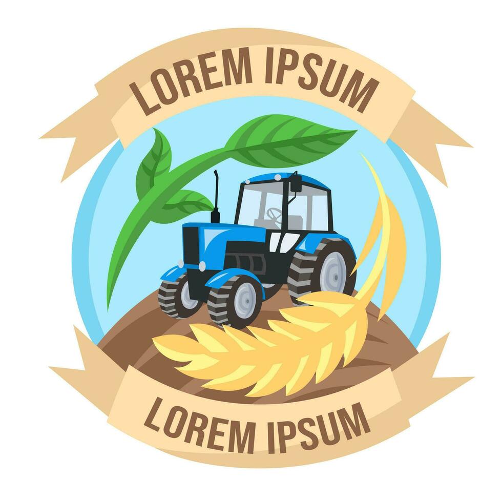 Logo for agriculture company. Blue tractor on field during cultivation work inside circle of wheat and green plant with flags around - vector image. Agriculture and rural concept