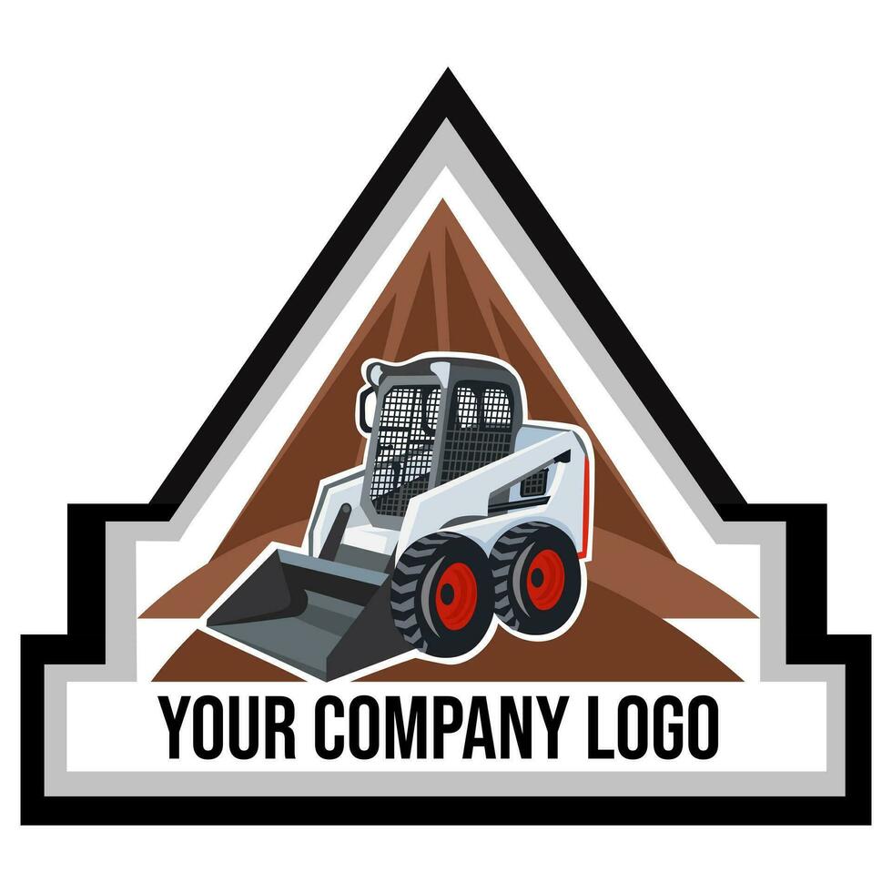 Logo for BobCat works company. BobCat loader on building plot during landscaping, construction and digging works inside triangle form - vector image. Construction equipment concept
