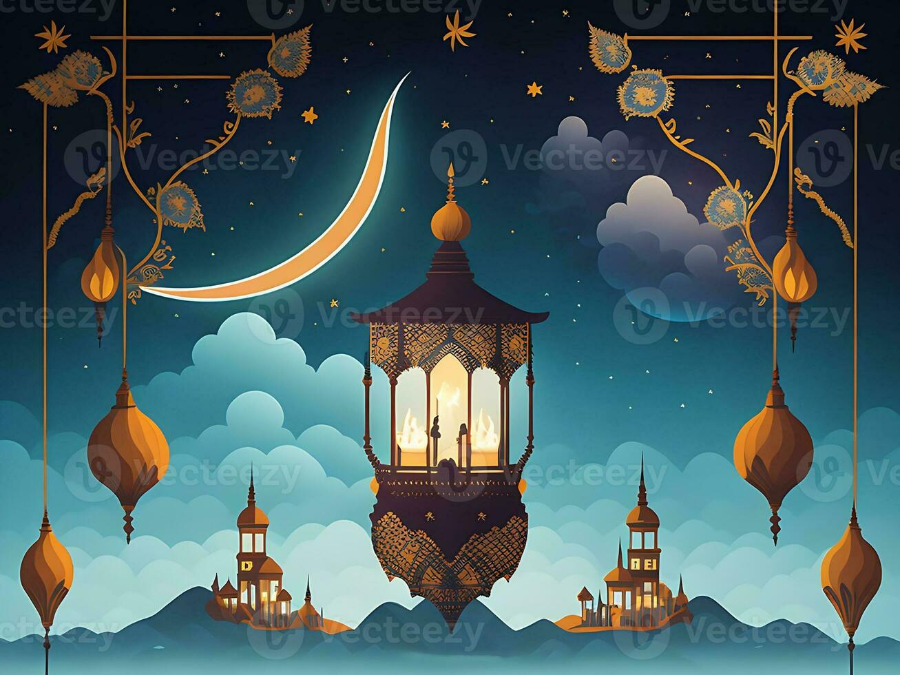 Happy eid alfitr poster with a background of lanterns moon and clouds photo