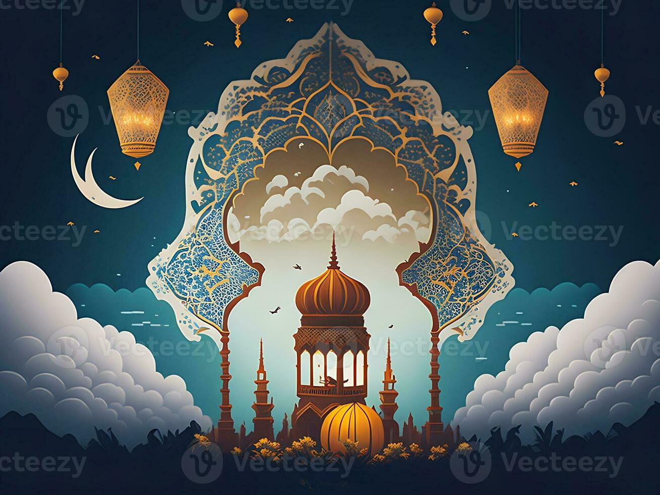 Happy eid alfitr poster with a background of lanterns moon and clouds photo