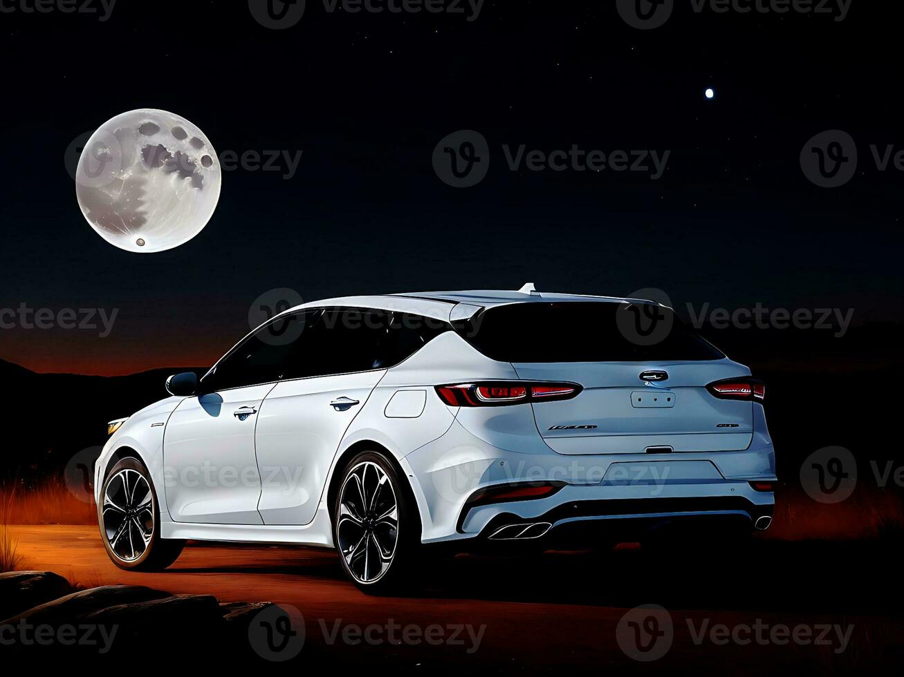 a painting of a white car with a full moon in the background photo