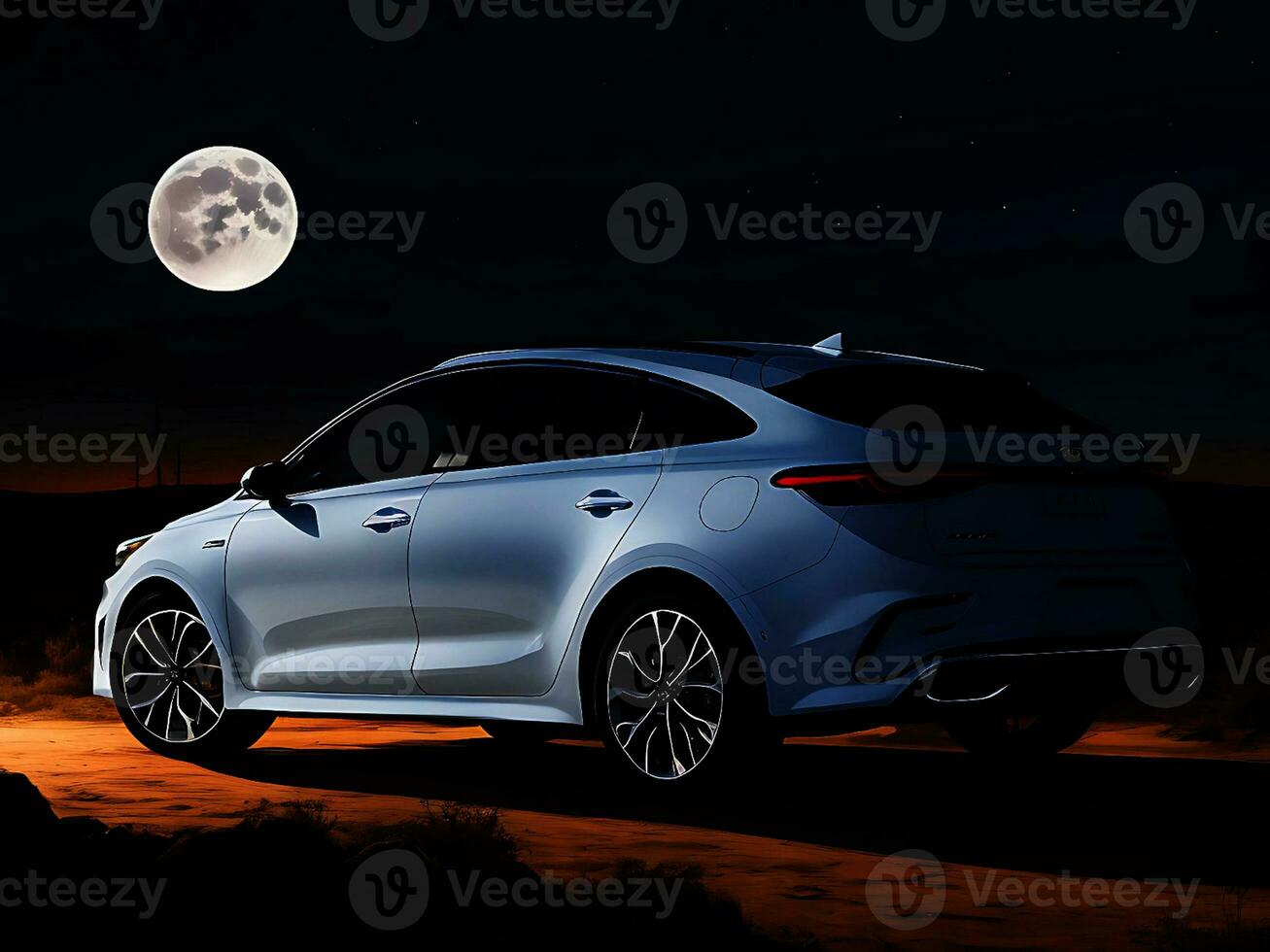 a painting of a white car with a full moon in the background photo