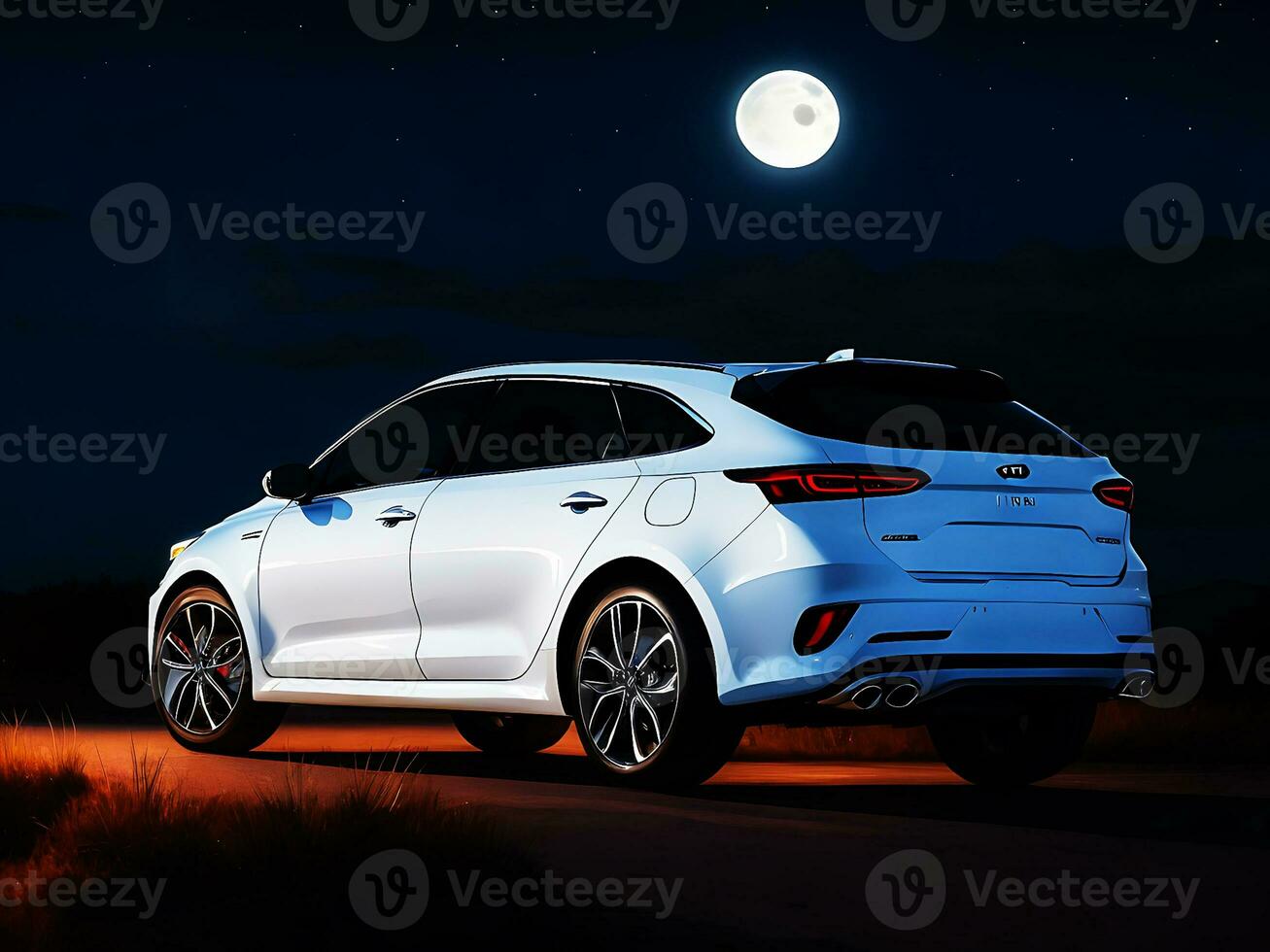 un pintura de un blanco coche con un lleno Luna en el antecedentes 25749490  Foto de stock en Vecteezy