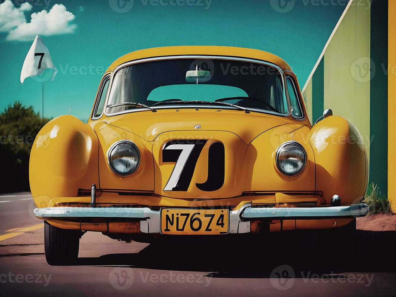 photo a yellow car with the number 70 on the side
