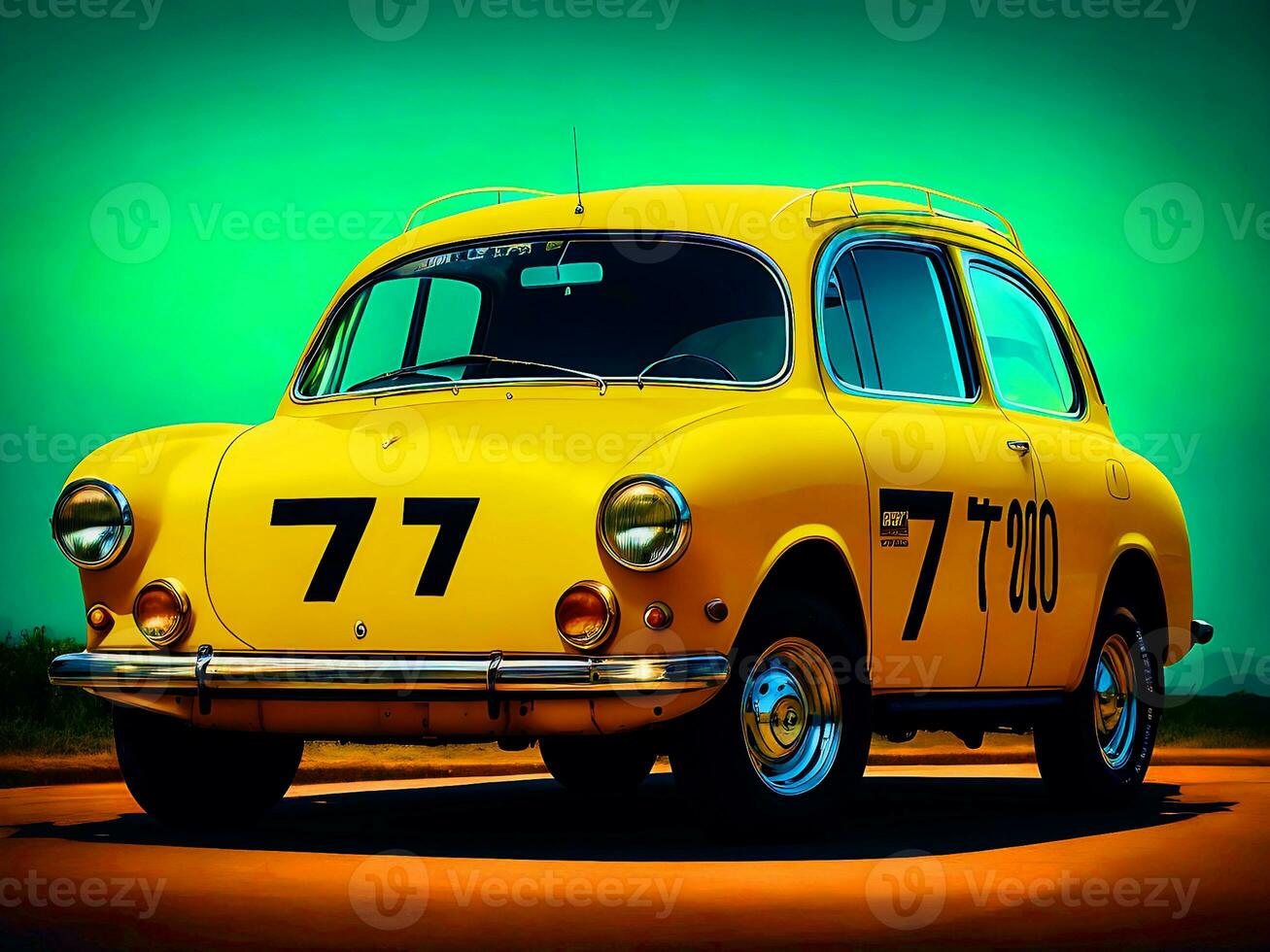 photo a yellow car with the number 70 on the side
