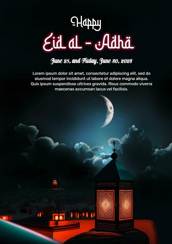 eid al adha poster with a mosque night mode photo