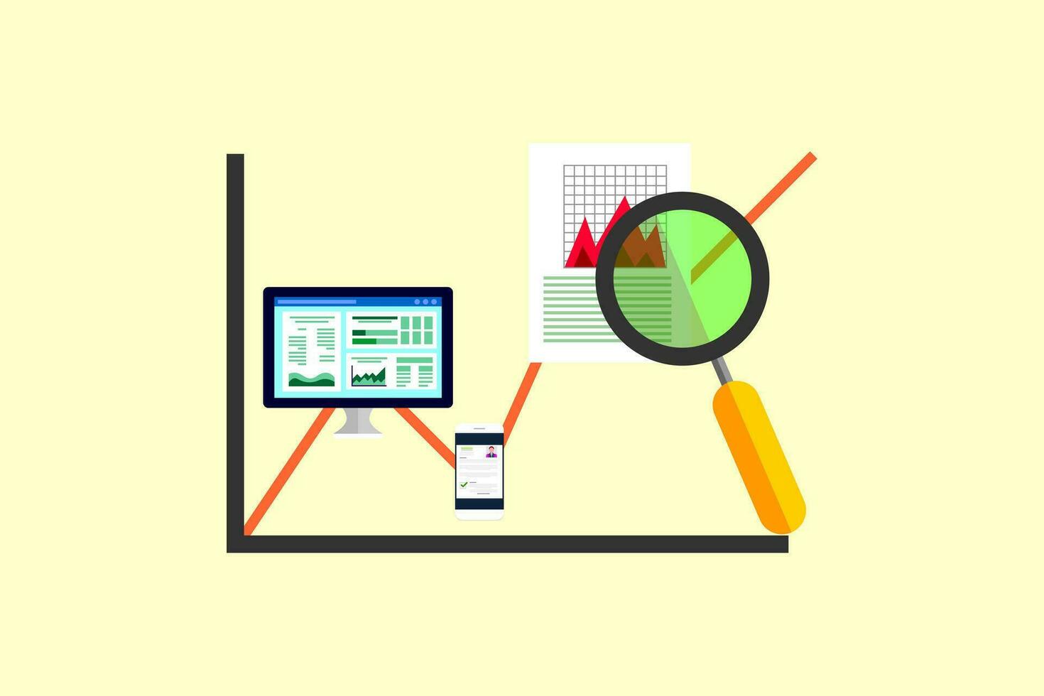 ilustración de un aumentador vaso con un grafico, negocio Estadísticas diseño, negocio inteligencia y analítica vector