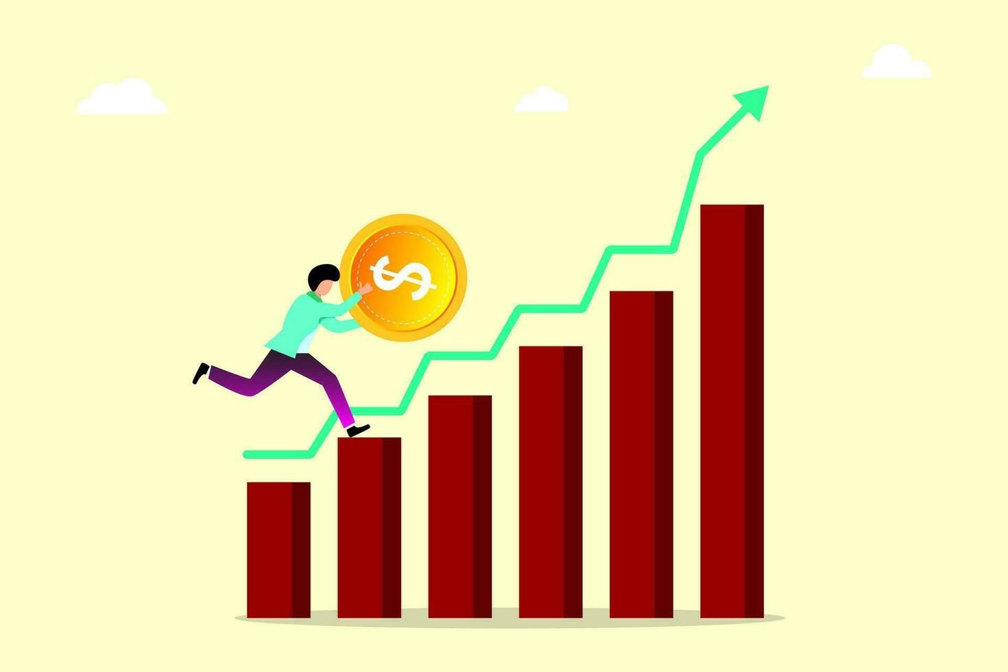 business person with graph, businessman confidence carrying big dollar coin increasing financial graph vector