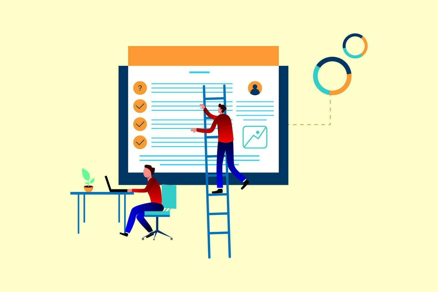 Business people working with information on computers, person climbing up the ladder, Business intelligence tools vector