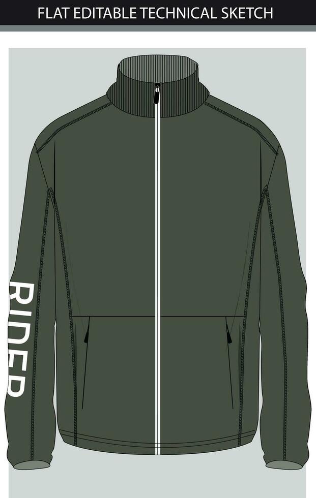 Green Hooded Bomber Jacket flat sketch technical vector file.