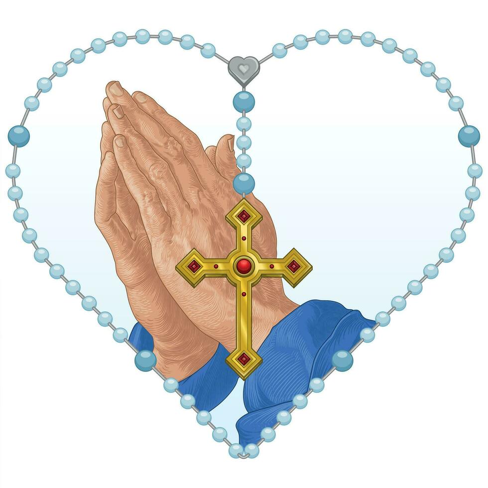 Praying hands with heart shaped rosary vector