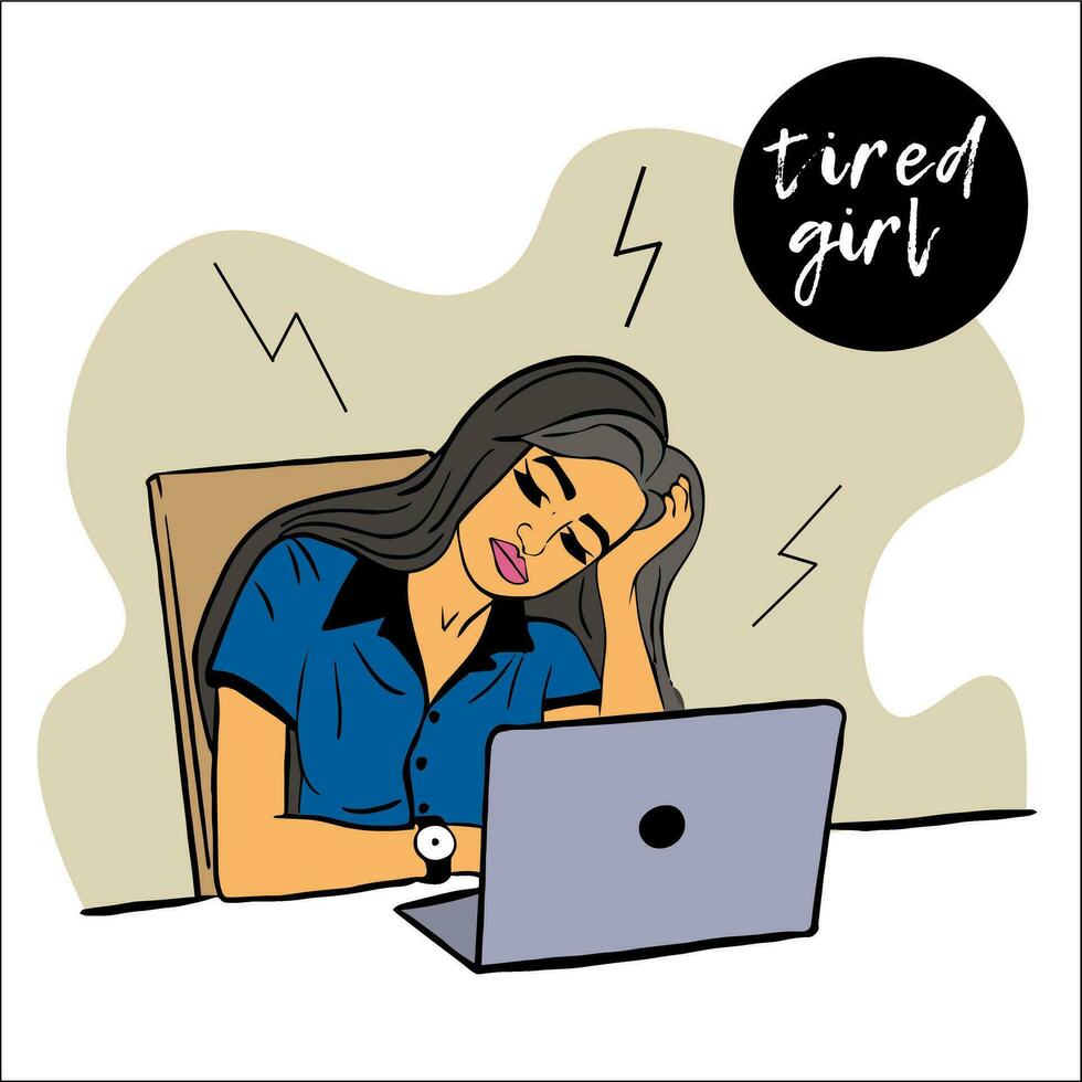 tired girl sits at table and falls asleep, working late at home on laptop, remote work. exhausted young woman napping in the workplace. Busy business woman, project loser, workaholic. vector