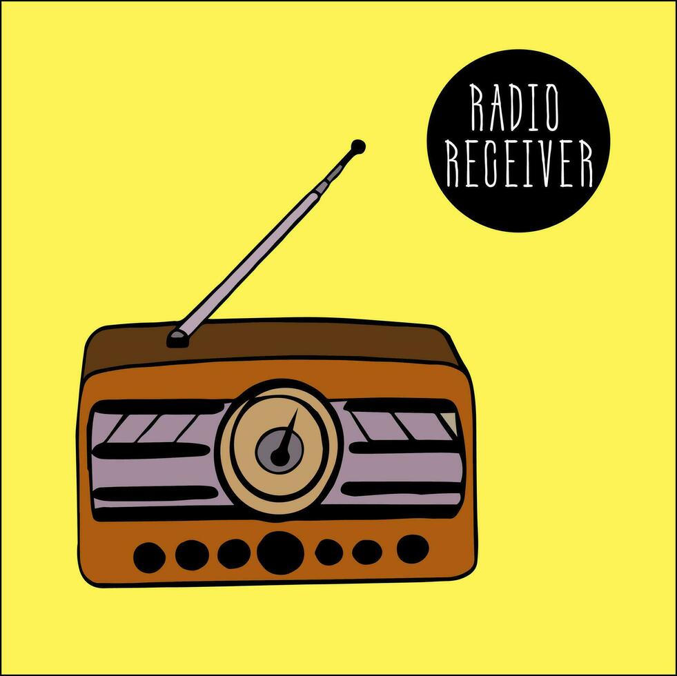 radio receptor en amarillo antecedentes con un antena para recepción canales, frecuencias escucha a podcasts, transmisiones, música golpes. retro dispositivo. radio casete vector