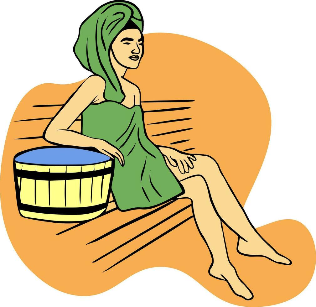niña es sentado en toalla en baño, sauna es humeante siguiente a de madera balde. spa descansar, agua tratos. el bañera asistente. vector