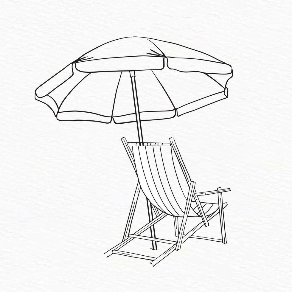 One line drawing of Beach umbrella and chair with summer vibe vector