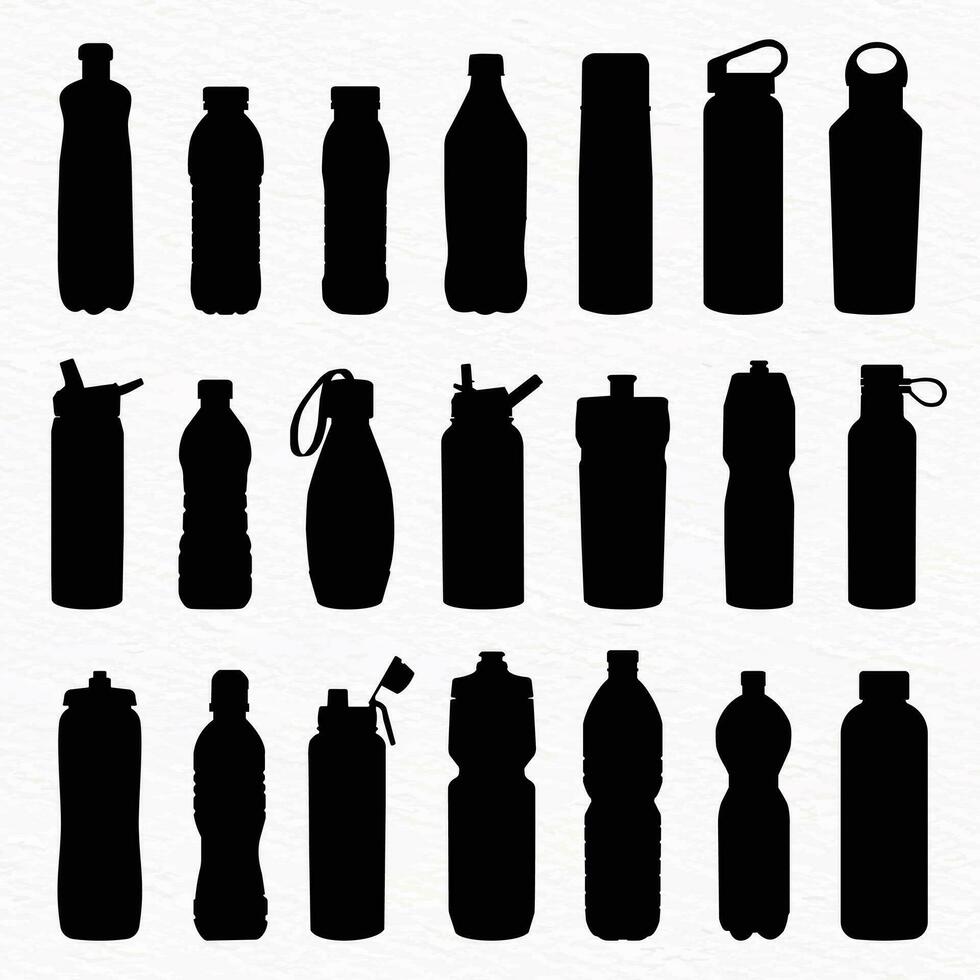 Various types of plastic, steel, glass water bottle silhouette set vector