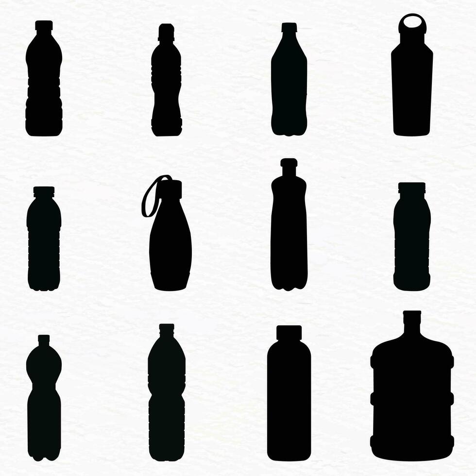 Various types of plastic, steel, glass water bottle silhouette set vector