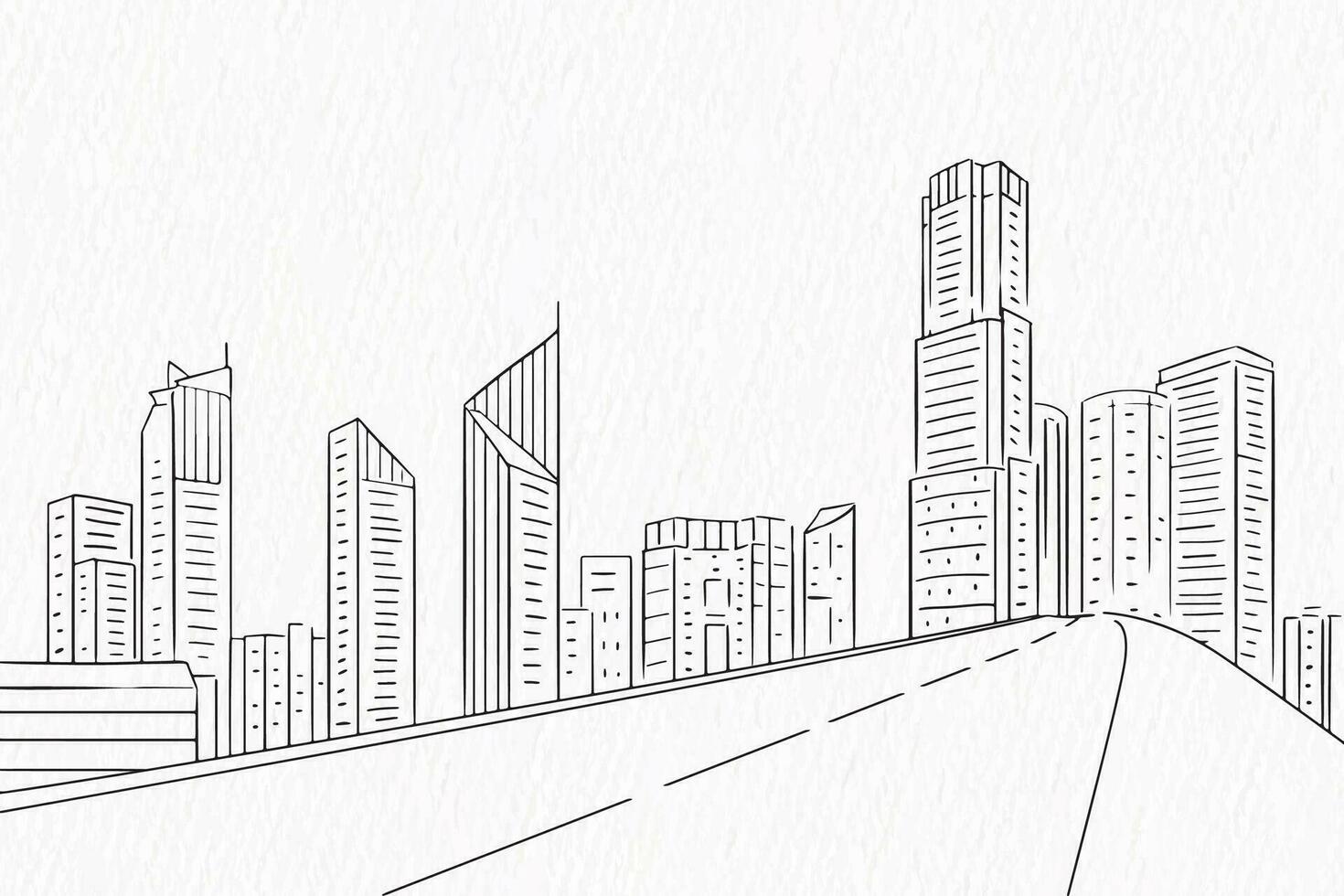 línea dibujo de moderno ciudad horizonte antecedentes con carreteras y edificios vector