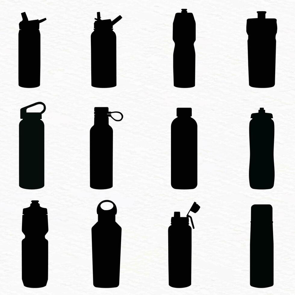 Various types of plastic, steel, glass water bottle silhouette set vector